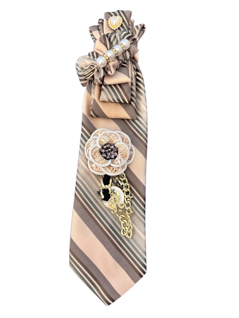 Beige and Brown Striped Floral Brooch Tie Accessory with Gold Accents